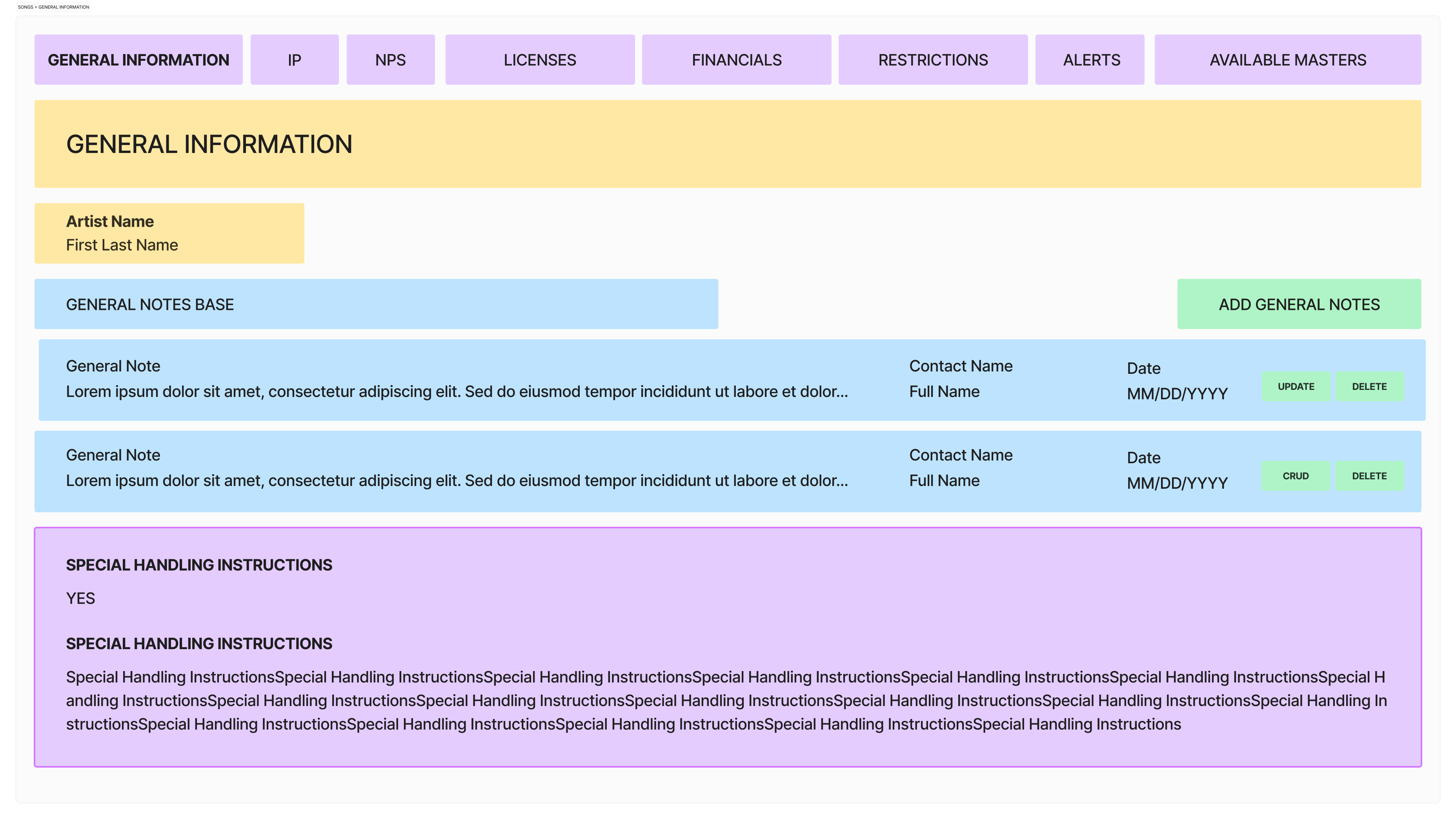 Song details — general-information wireframe